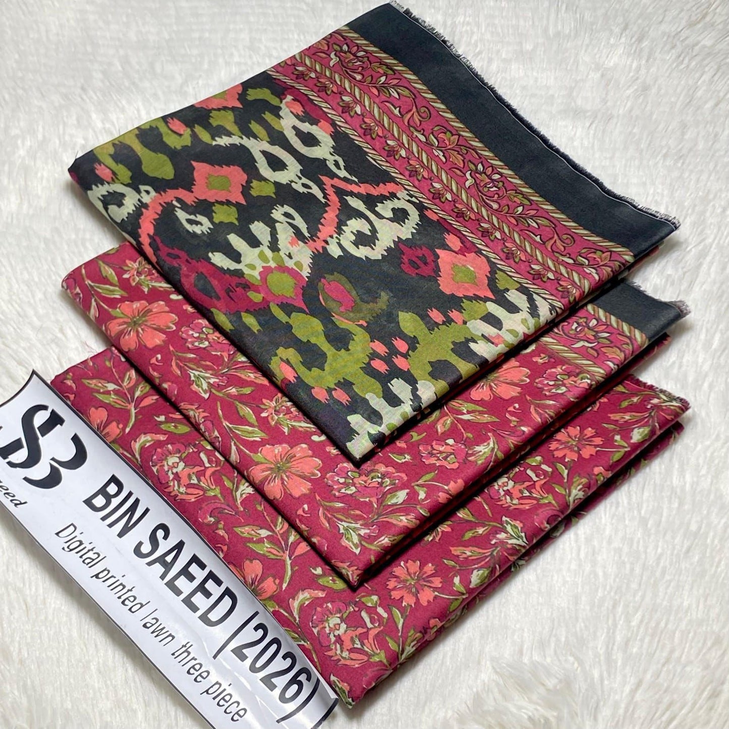 Bin Saeed Original Printed Lawn 3 Piece Suit 2026 โ Printed Shirt, Voil Lawn Dupatta & Dyed Trouser