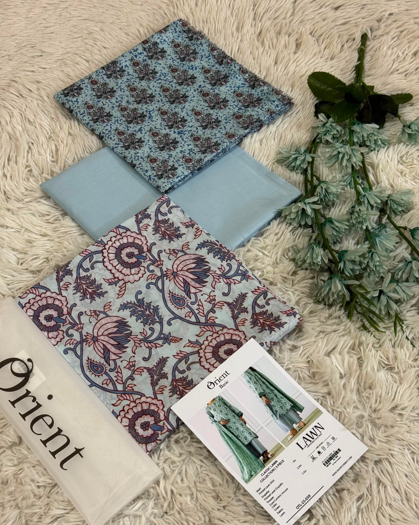 Orient Premium Lawn 3 Piece Suit – Printed Lawn Shirt, Dyed Trouser & Voil Lawn Dupatta