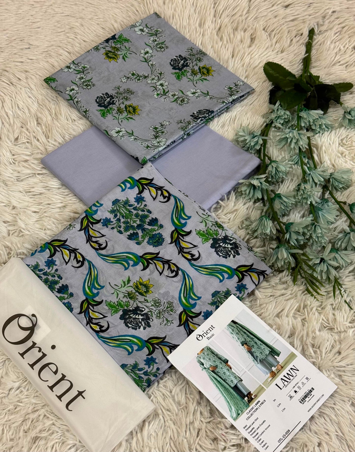 Orient Premium Lawn 3 Piece Suit – Printed Lawn Shirt, Dyed Trouser & Voil Lawn Dupatta