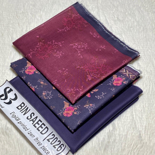 Bin Saeed Original Printed Lawn 3 Piece Suit 2026 – Printed Shirt, Voil Lawn Dupatta & Dyed Trouser