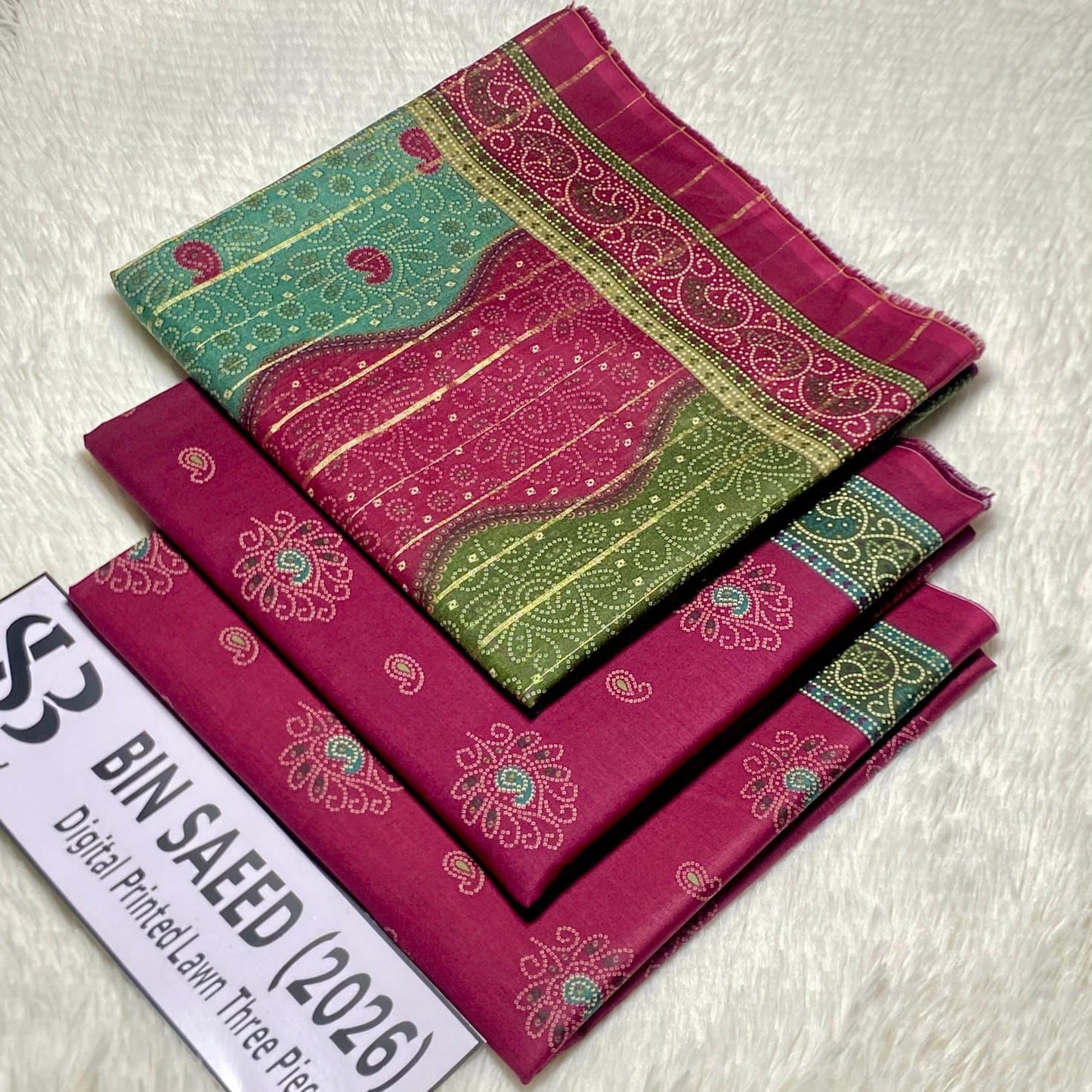 Bin Saeed Original Printed Lawn 3 Piece Suit 2026 – Printed Shirt, Voil Lawn Dupatta & Dyed Trouser