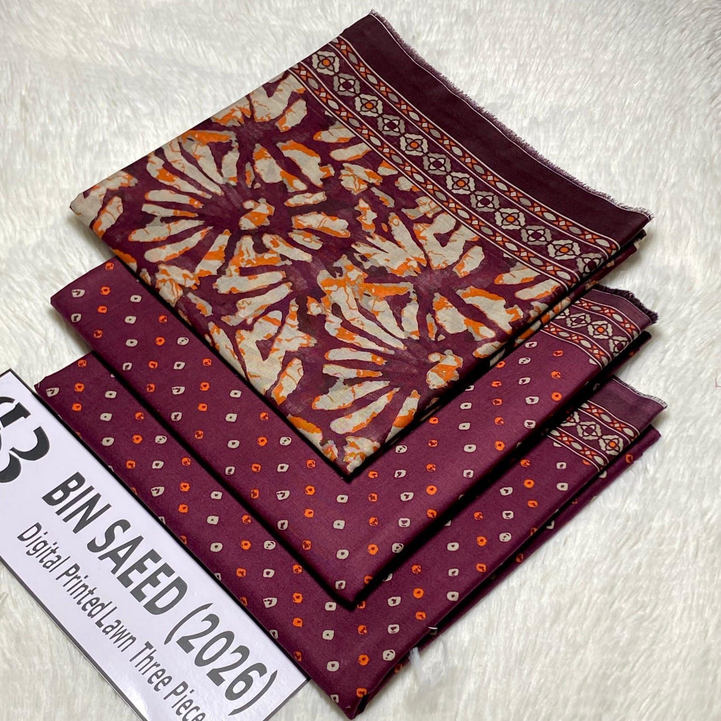Bin Saeed Original Printed Lawn 3 Piece Suit 2026 – Printed Shirt, Voil Lawn Dupatta & Dyed Trouser