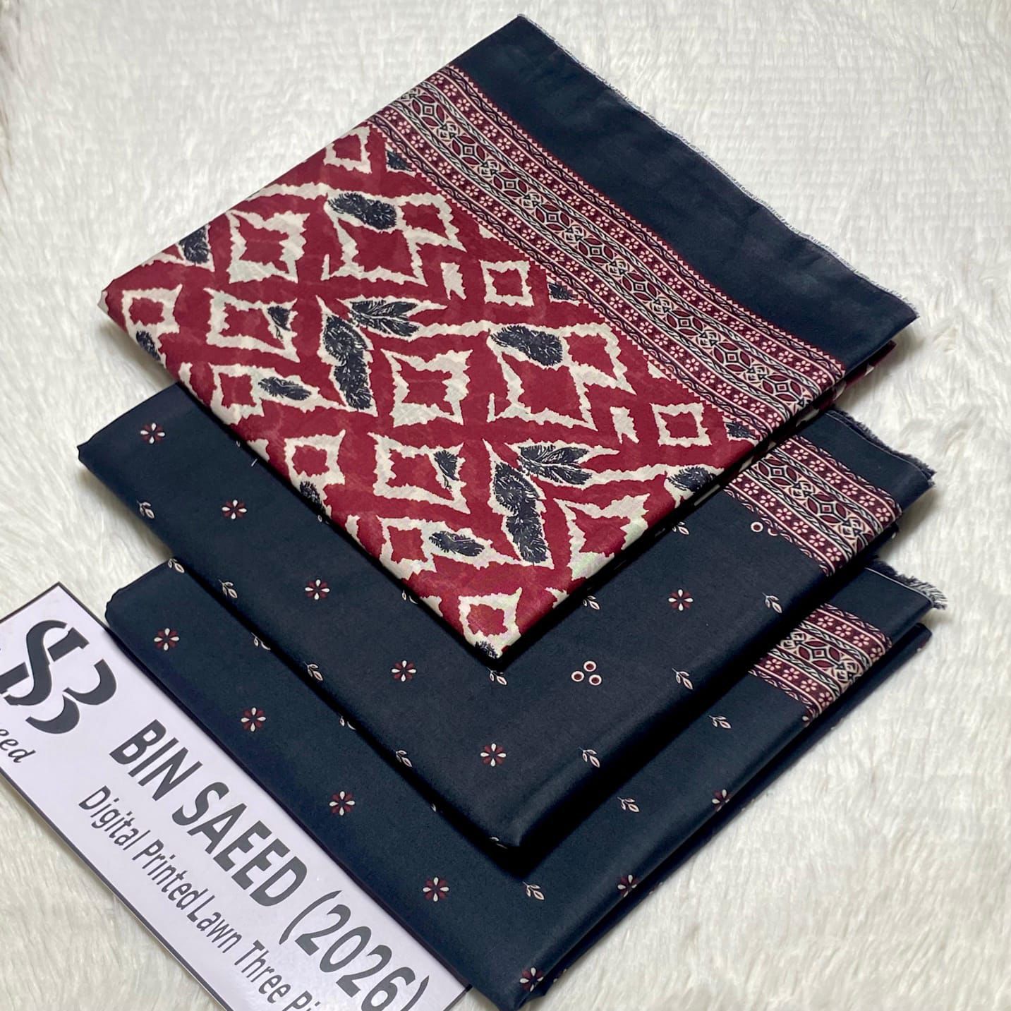 Bin Saeed Original Printed Lawn 3 Piece Suit 2026 – Printed Shirt, Voil Lawn Dupatta & Dyed Trouser