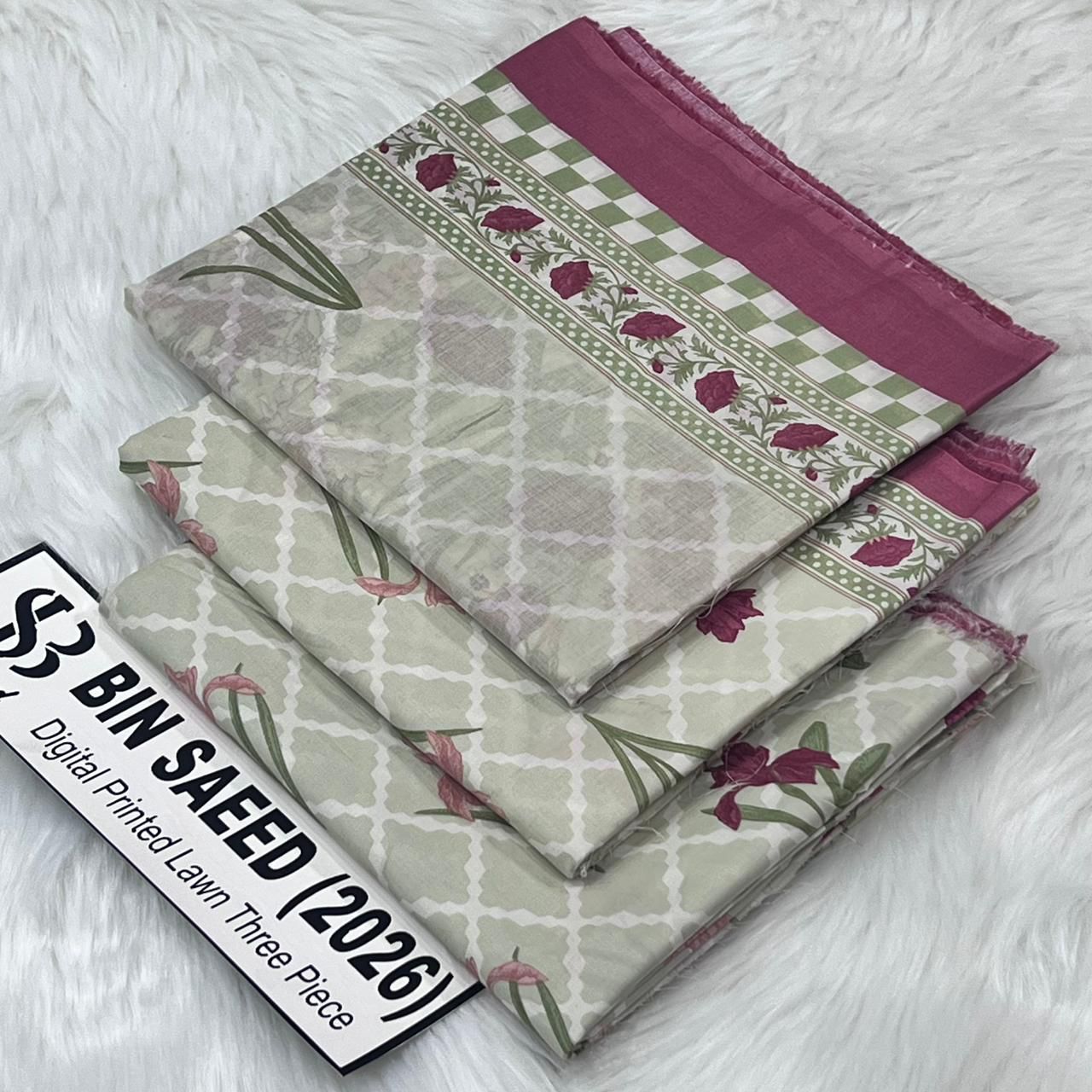 Bin Saeed Original Printed Lawn 3 Piece Suit 2026 – Printed Shirt, Voil Lawn Dupatta & Dyed Trouser