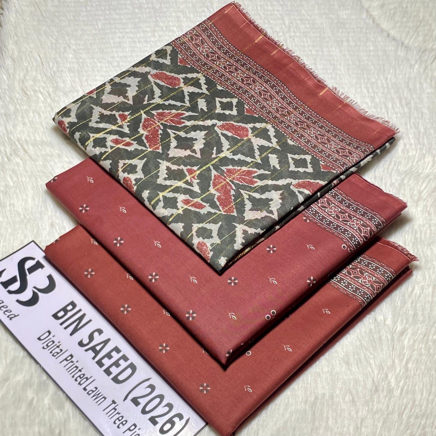 Bin Saeed Original Printed Lawn 3 Piece Suit 2026 – Printed Shirt, Voil Lawn Dupatta & Dyed Trouser