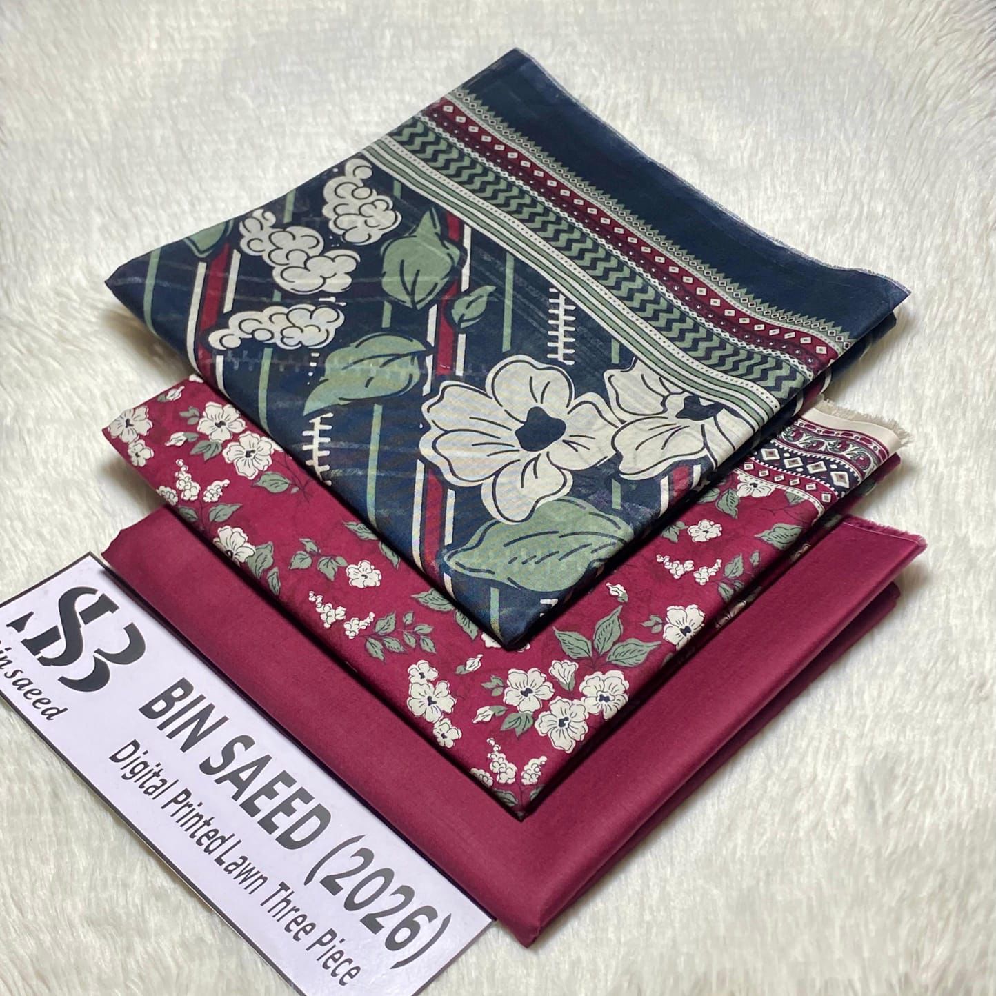 Bin Saeed Original Printed Lawn 3 Piece Suit 2026 – Printed Shirt, Voil Lawn Dupatta & Dyed Trouser