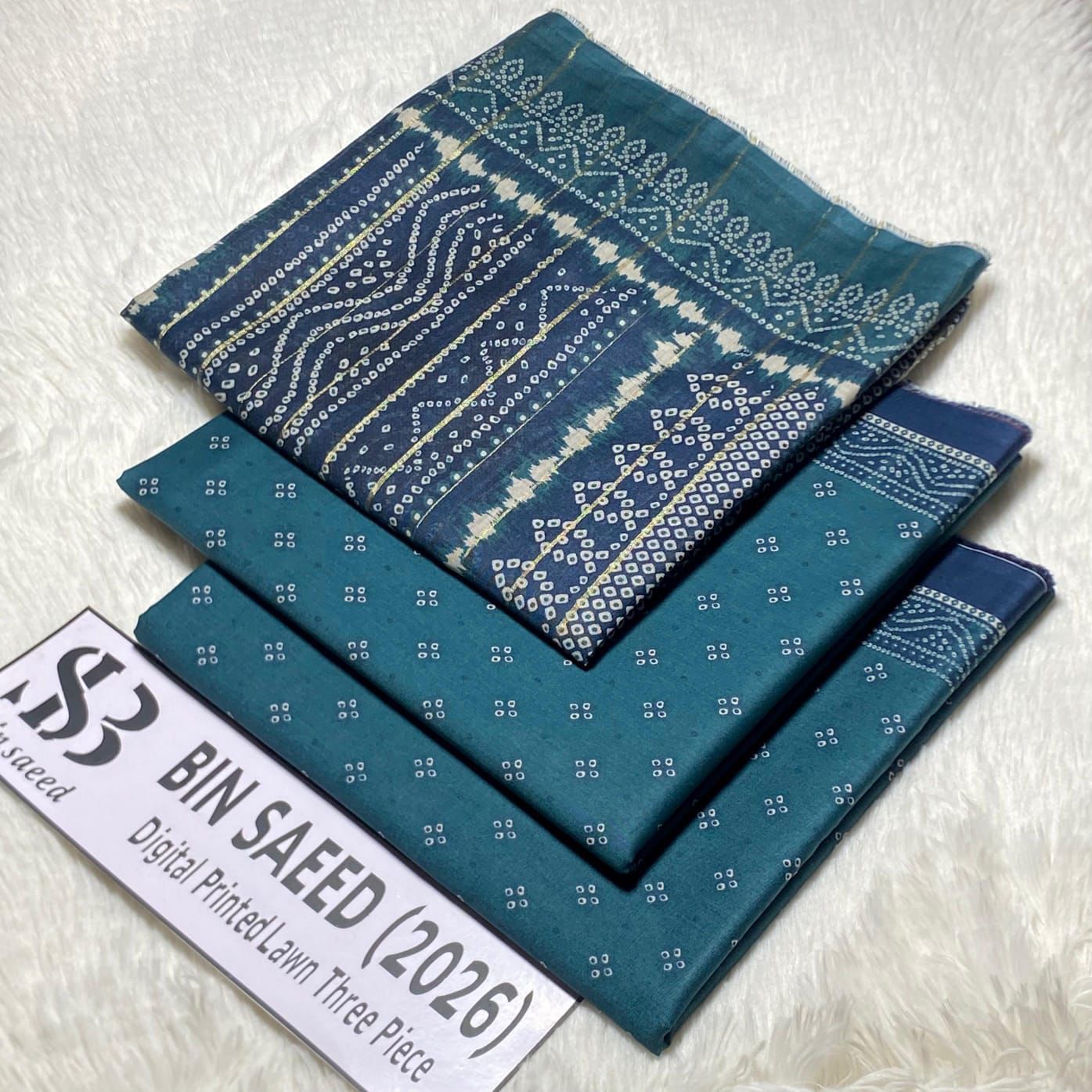 Bin Saeed Original Printed Lawn 3 Piece Suit 2026 – Printed Shirt, Voil Lawn Dupatta & Dyed Trouser