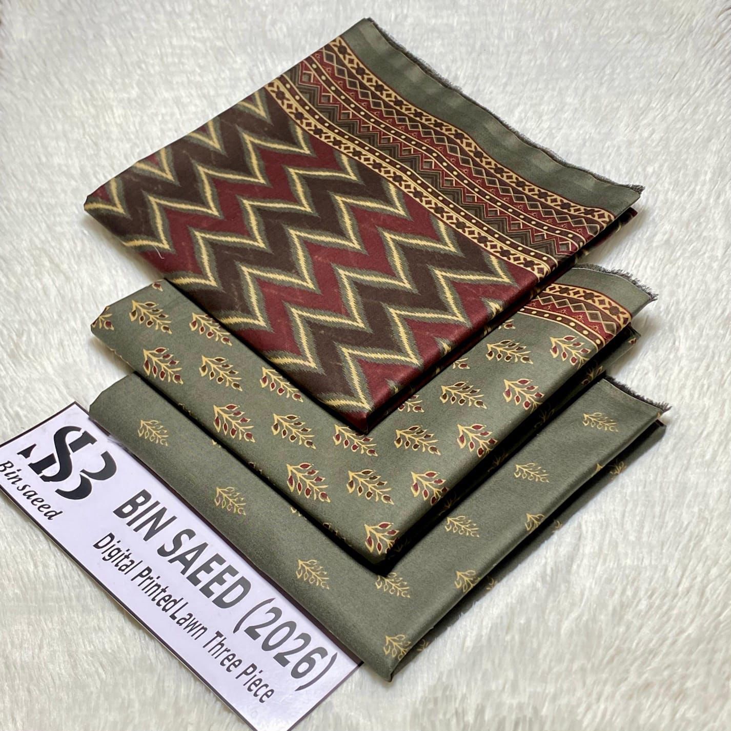 Bin Saeed Original Printed Lawn 3 Piece Suit 2026 – Printed Shirt, Voil Lawn Dupatta & Dyed Trouser