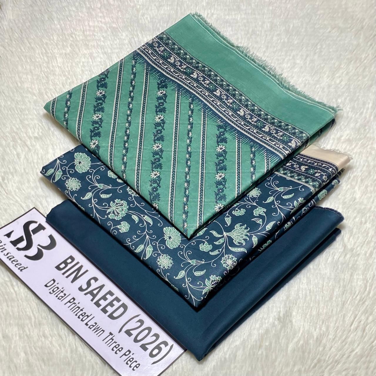 Bin Saeed Original Printed Lawn 3 Piece Suit 2026 – Printed Shirt, Voil Lawn Dupatta & Dyed Trouser