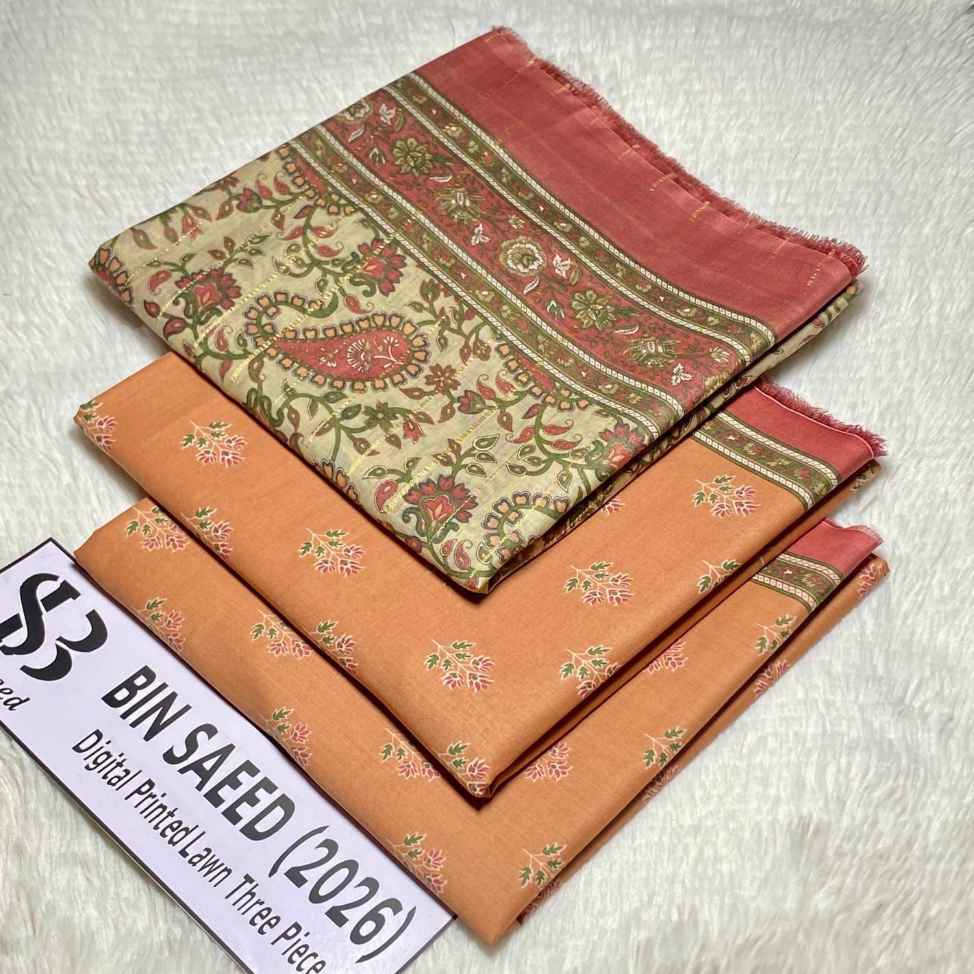 Bin Saeed Original Printed Lawn 3 Piece Suit 2026 – Printed Shirt, Voil Lawn Dupatta & Dyed Trouser