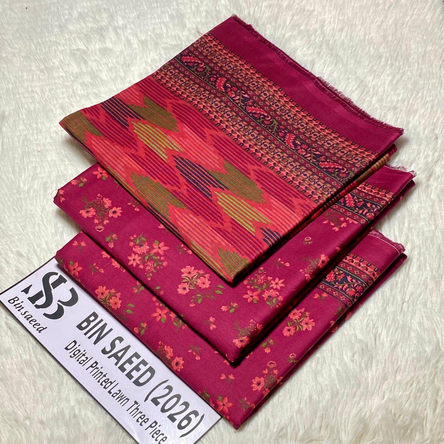 Bin Saeed Original Printed Lawn 3 Piece Suit 2026 – Printed Shirt, Voil Lawn Dupatta & Dyed Trouser