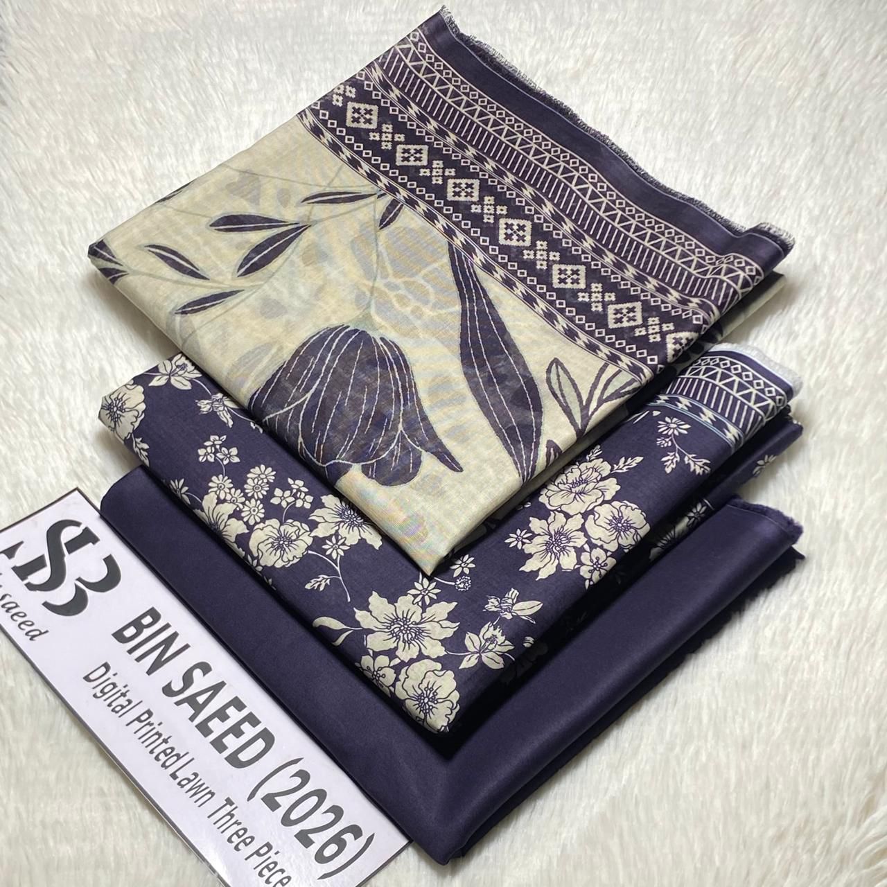 Bin Saeed Original Printed Lawn 3 Piece Suit 2026 – Printed Shirt, Voil Lawn Dupatta & Dyed Trouser