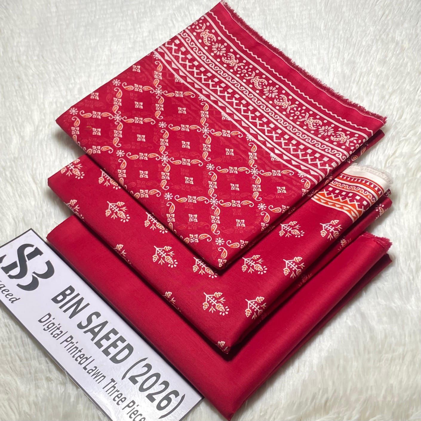 Bin Saeed Original Printed Lawn 3 Piece Suit 2026 – Printed Shirt, Voil Lawn Dupatta & Dyed Trouser