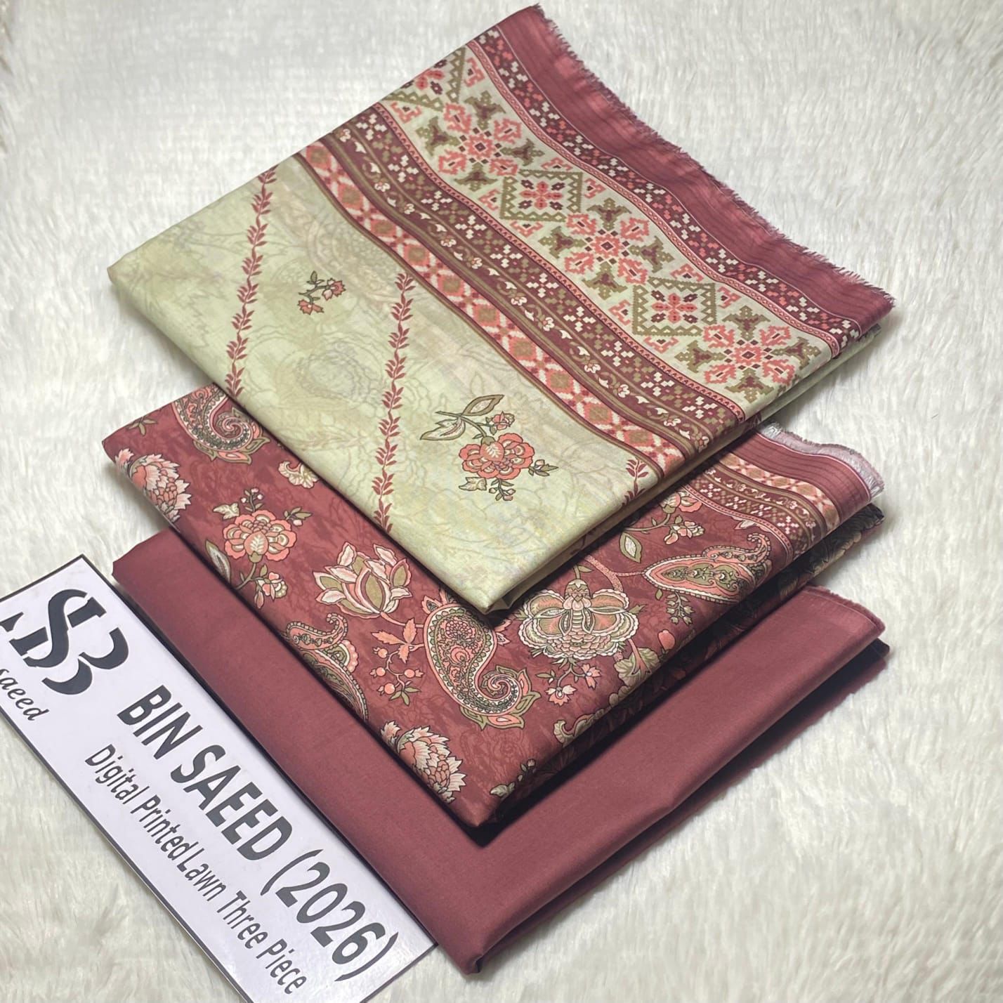Bin Saeed Original Printed Lawn 3 Piece Suit 2026 – Printed Shirt, Voil Lawn Dupatta & Dyed Trouser