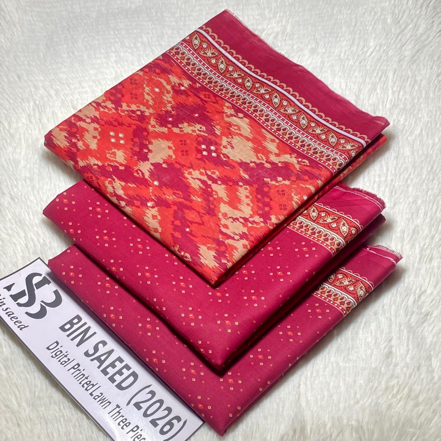 Bin Saeed Original Printed Lawn 3 Piece Suit 2026 – Printed Shirt, Voil Lawn Dupatta & Dyed Trouser