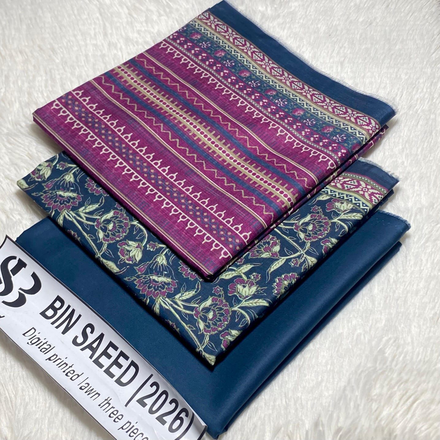 Bin Saeed Original Printed Lawn 3 Piece Suit 2026 – Printed Shirt, Voil Lawn Dupatta & Dyed Trouser