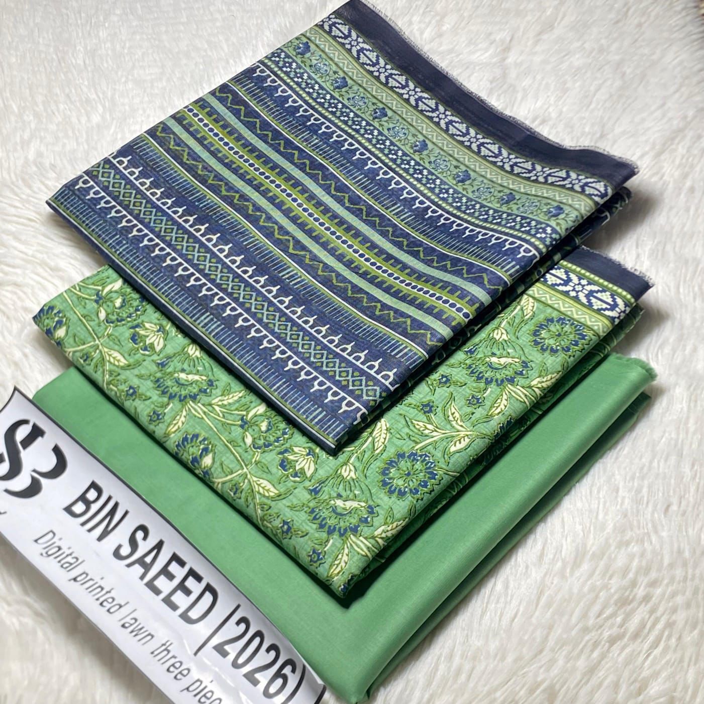 Bin Saeed Original Printed Lawn 3 Piece Suit 2026 – Printed Shirt, Voil Lawn Dupatta & Dyed Trouser