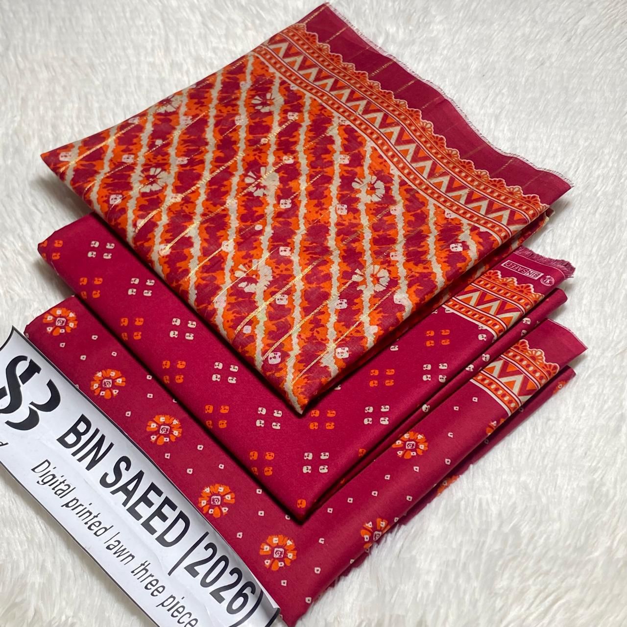 Bin Saeed Original Printed Lawn 3 Piece Suit 2026 – Printed Shirt, Voil Lawn Dupatta & Dyed Trouser